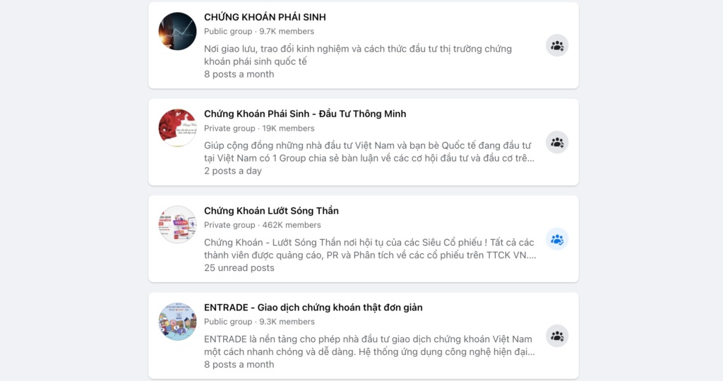 Có rất nhiều group chứng khoán phái sinh trên Facebook