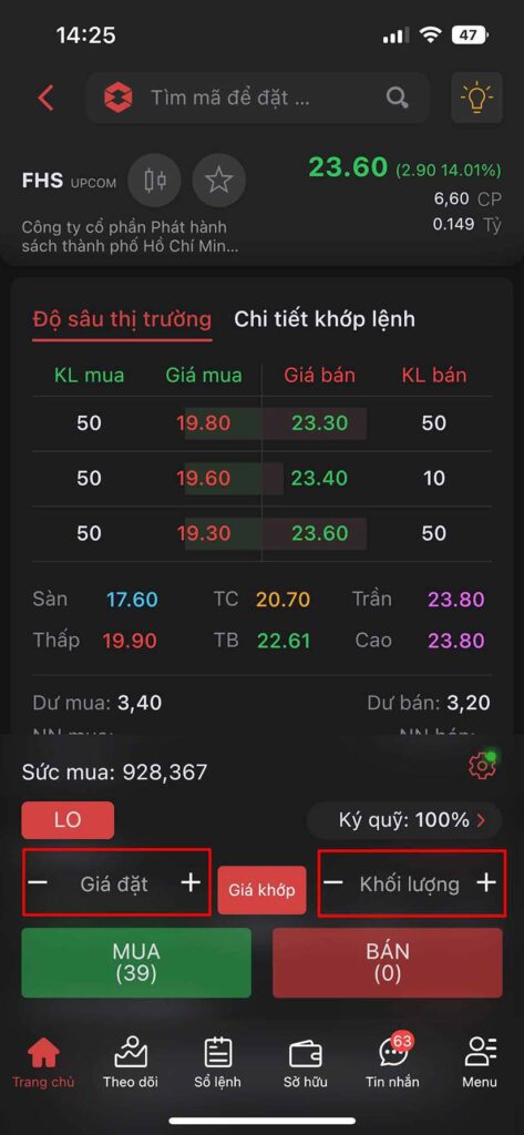 Nhập giá và khối lượng mua tương ứng