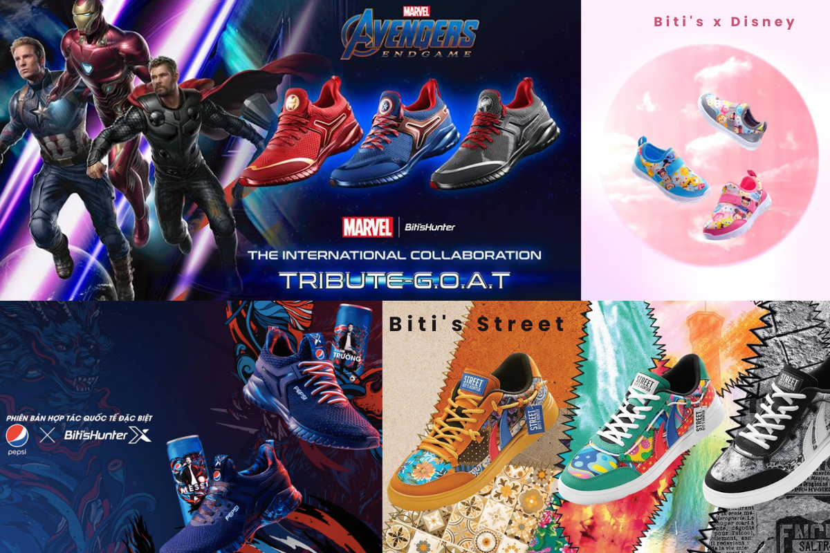 Các mẫu giày độc đáo nhà Biti's: Biti's Hunter x Marvel, Biti's Hunter x Pepsi, Biti's Street và Biti's Disney