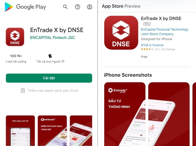 Giao diện ứng dụng Entrade X by DNSE trên điện thoại